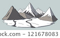 Flat graphic vector sketch of abstract snowy mountain landscape with part of mount range area contains foothills and snowcapped peaks. Simple cartoon design element for hiking tourism concept. 121678083