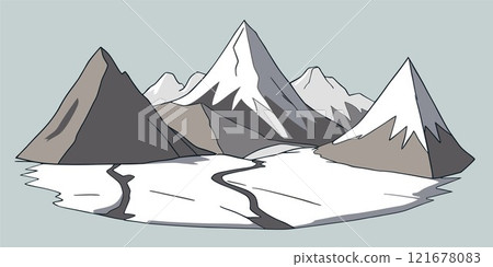 Flat graphic vector sketch of abstract snowy mountain landscape with part of mount range area contains foothills and snowcapped peaks. Simple cartoon design element for hiking tourism concept. 121678083