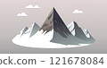 Flat graphic vector illustration of abstract snowy mountain landscape with part of mount range isolated on gray background. Simple cartoon design element for mountaineering or hiking tourism concept. 121678084