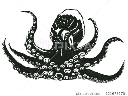 Octopus or alien? Simple black and white paper cut illustration 121678370