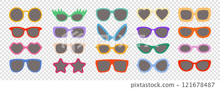 Vector Glasses Icon Set with Transparent Lenses. Glasses Icons, Eyeglasses, Sunglasses, Modern Glasses Frames. Glasses Design Template for Optics, Fashion, Branding. Eyewear Advertising 121678487