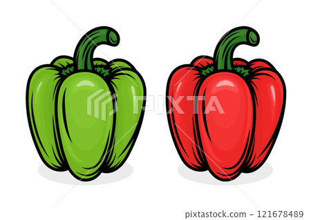 Two Vibrant Vector Cartoon Bell Peppers in Green and Red. Side View. Design Template for Food Packaging, Culinary Projects, Kitchen Designs. High-quality Bell Pepper Icon Set, Vector Illustration 121678489