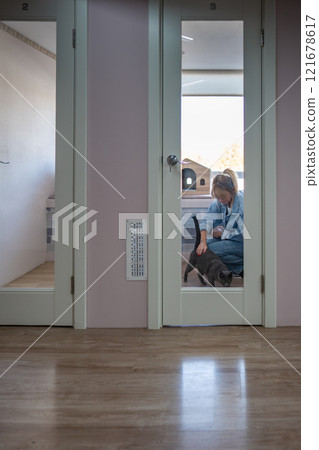 Female staff member in cat room, no walk allowed due to missing vaccination. Health check, care 121678617