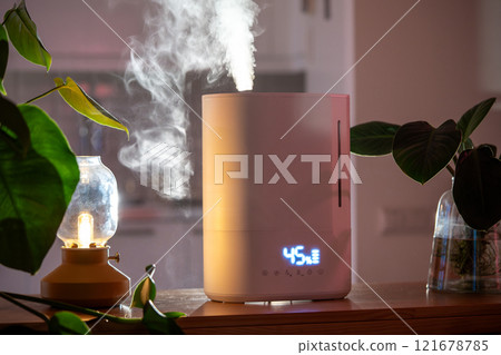 Ultrasonic air humidifier with touch controls spraying water steam. 121678785