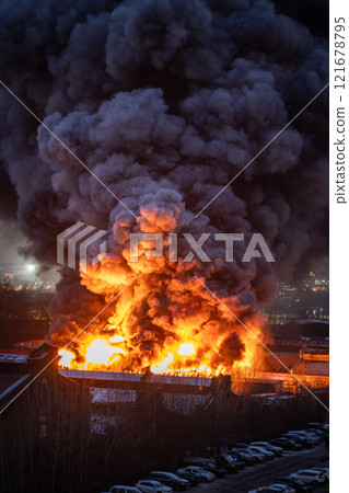 Orange smoke from flames or fires of warehouses and industrial building at night. Defective wiring.  121678795