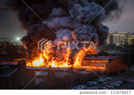 Nearby burning building with orange flames, parks and smoke from fire in residential house at night. Nearby burning building with orange flames, parks and smoke from fire in residential house at night. 121678817
