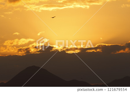 Mount Mikami and sunrise seen from Lake Kihama Mount Mikami and sunrise seen from Lake Kihama 121679554