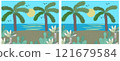 5 differences: find the differences in pictures with cacti, palm trees and the sea coast. vector graphics in cartoon style. Entertainment for children. 121679584