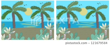 5 differences: find the differences in pictures with cacti, palm trees and the sea coast. vector graphics in cartoon style. Entertainment for children. 121679584