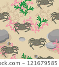seamless pattern with crabs, corals and stones on a beige background. vector graphics 121679585