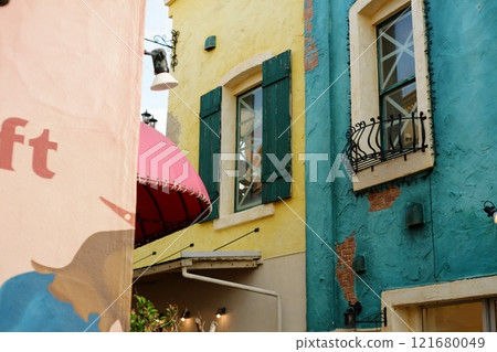 A colorful streetscape reminiscent of a foreign country 121680049