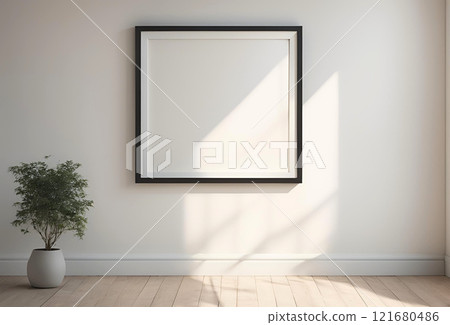 白色牆壁的簡單房間裡，一個沒有任何文字的框架 121680486