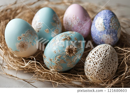 色彩繽紛的復活節彩蛋與美麗的裝飾 色彩繽紛的復活節彩蛋與美麗的裝飾 121680603