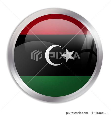 Libya flag - glossy circle button displays a colorful flag representing a country cultural identity and heritage. The essence of national pride and unity. 121680622
