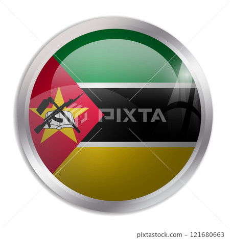 Mozambique flag - glossy circle button displays a colorful flag representing a country cultural identity and heritage. The essence of national pride and unity. 121680663