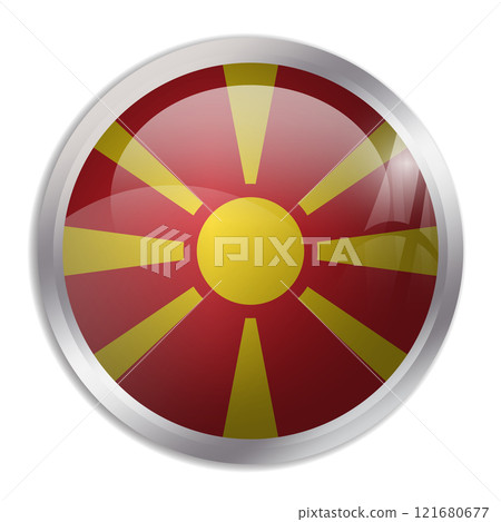 North Macedonia flag - glossy circle button displays a colorful flag representing a country cultural identity and heritage. The essence of national pride and unity. 121680677