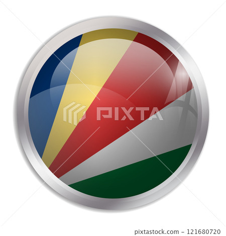 Seychelles flag - glossy circle button displays a colorful flag representing a country cultural identity and heritage. The essence of national pride and unity. 121680720