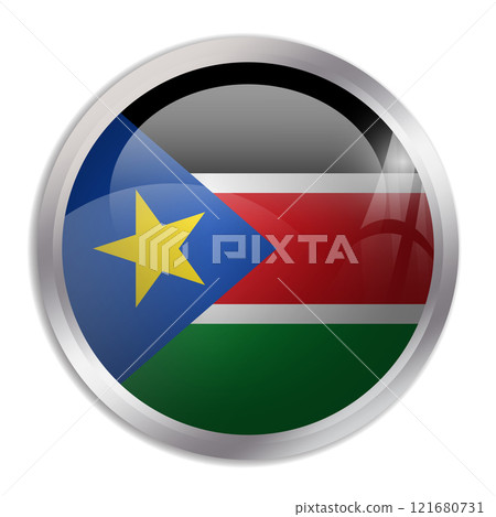 South Sudan flag - glossy circle button displays a colorful flag representing a country cultural identity and heritage. The essence of national pride and unity. 121680731