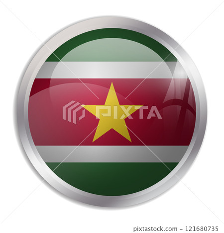 Suriname flag - glossy circle button displays a colorful flag representing a country cultural identity and heritage. The essence of national pride and unity. 121680735
