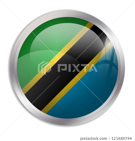 Tanzania flag - glossy circle button displays a colorful flag representing a country cultural identity and heritage. The essence of national pride and unity. 121680744
