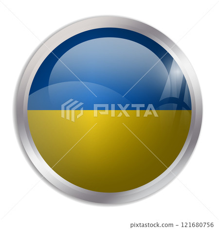 Ukraine flag - glossy circle button displays a colorful flag representing a country cultural identity and heritage. The essence of national pride and unity. 121680756
