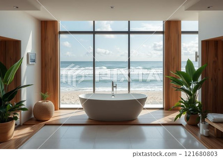Modern bathroom with sea view 121680803