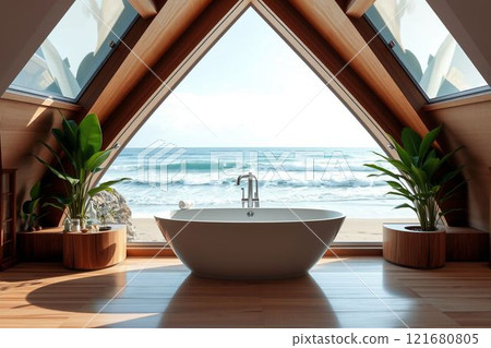 Modern bathroom with sea view 121680805