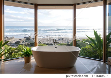 Modern bathroom with sea view 121680806