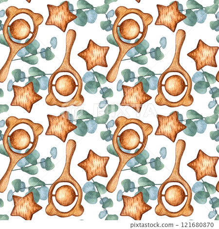 Seamless pattern with newborn wooden eco teething accessory, green eucalyptus sprig. Children toys star, teddy bear ball teether. Hand drawn watercolor illustration on white background. Nursery decor 121680870