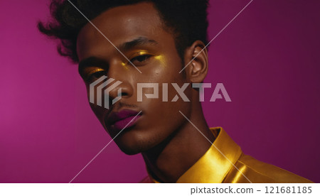 Vibrant portrait of a young male model with bold makeup and stylish attire in a striking setting 121681185