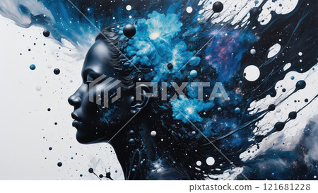 Woman with galaxy-inspired hair in an abstract art piece showcasing vibrant colors and intricate patterns 121681228
