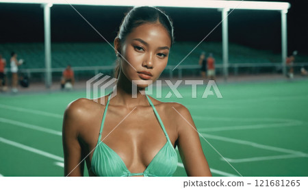 Woman in turquoise swimwear poses confidently on a sports field during an evening gathering with players in the background 121681265