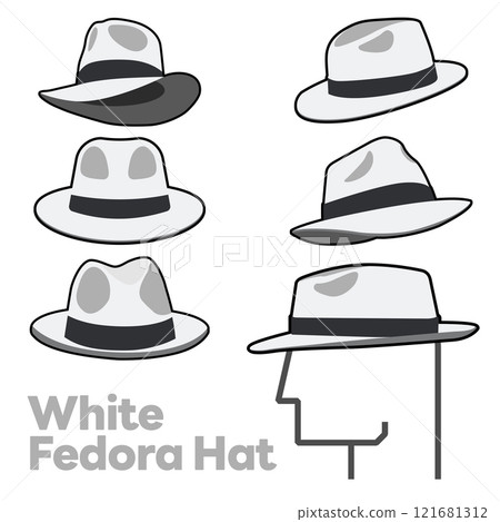 Set Blank White Fedora Hat Vector for Template. White Fedora Hat Technical Fashion Illustration. White Fedora Hat Isolated on White Background. Vector Illustration. All in a single layer. Elements for 121681312