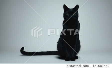 Black cat sits gracefully against a light backdrop, showcasing its sleek fur and curious demeanor in a calm indoor setting 121681340