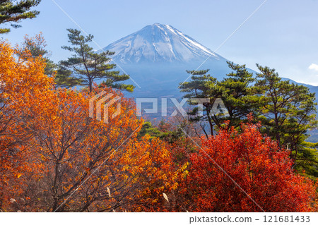 從山梨縣南鶴郡鳴澤村光葉台展望台眺望富士山和秋葉 121681433
