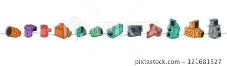 Photo camera set one line colored continuous drawing. External flash, film roll, vintage camera with bellows, photo lens with shutter. Photo camera set one line colored continuous drawing. External flash, film roll, vintage camera with bellows, photo lens with shutter. 121681527