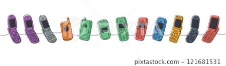 Retro phones one line colored continuous drawing. Flip mobile phones, smart phone, old mobile phone. Vector linear illustration. 121681531