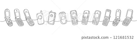 Retro phones one line continuous drawing. Flip mobile phones, smart phone, old mobile phone. Vector linear illustration. Retro phones one line continuous drawing. Flip mobile phones, smart phone, old mobile phone. Vector linear illustration. 121681532
