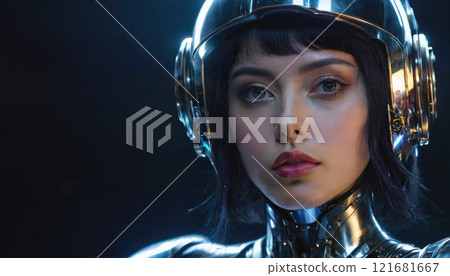Futuristic female character in a metallic suit with a glossy helmet illuminated by blue light Futuristic female character in a metallic suit with a glossy helmet illuminated by blue light 121681667