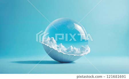 Creative glass sphere containing clouds floating over a soft blue background evokes a serene and dreamy atmosphere 121681691