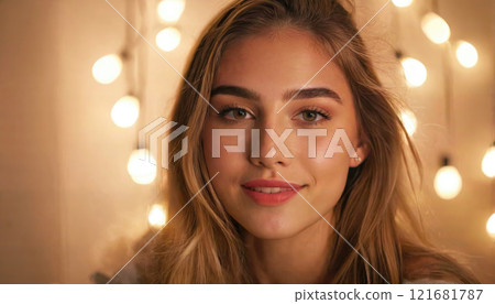 Young woman smiling warmly in front of glowing string lights during a cozy evening gathering at home 121681787
