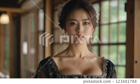 Elegant woman in a vintage black dress stands gracefully in a traditional wooden room surrounded by natural light Elegant woman in a vintage black dress stands gracefully in a traditional wooden room surrounded by natural light 121681788