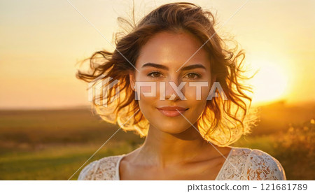 Woman with radiant smile poses against sunset backdrop in a serene outdoor setting capturing joyful moment Woman with radiant smile poses against sunset backdrop in a serene outdoor setting capturing joyful moment 121681789