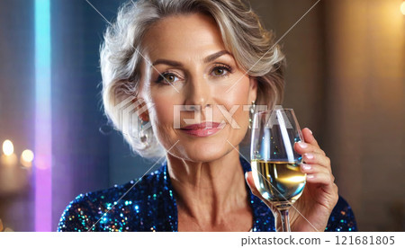 Elegant woman enjoying a glass of wine in a festive setting during a glamorous evening celebration Elegant woman enjoying a glass of wine in a festive setting during a glamorous evening celebration 121681805