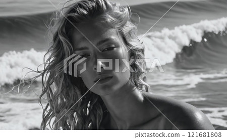 Beautiful woman with tousled hair poses by ocean waves on a sunny day at the beach 121681808