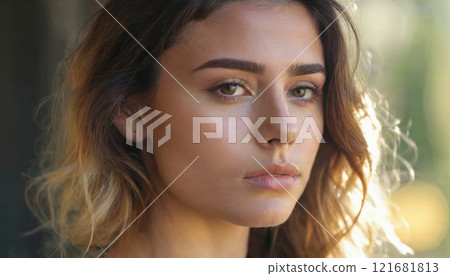 Close-up portrait of a young woman with natural makeup, soft lighting and a thoughtful expression outdoors 121681813