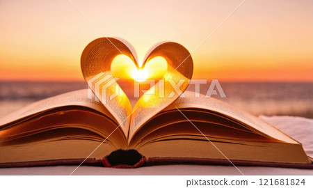 Sunlight shines through heart-shaped pages of an open book at sunset by the sea Sunlight shines through heart-shaped pages of an open book at sunset by the sea 121681824