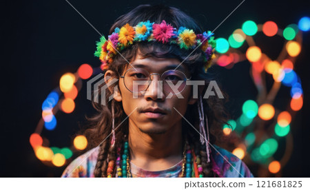 Young man with colorful flowers in hair and beads poses amidst vibrant lights at evening celebration in urban setting Young man with colorful flowers in hair and beads poses amidst vibrant lights at evening celebration in urban setting 121681825