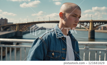 Young person walking along a riverside bridge in a city on a sunny day 121681829