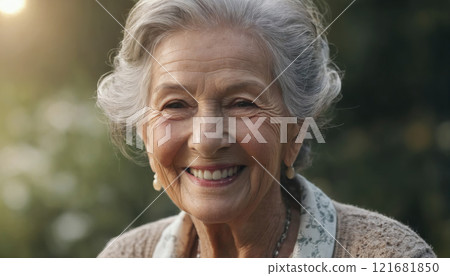 Smiling older woman enjoys a sunny afternoon in a garden, highlighting joy and warmth in her expression 121681850